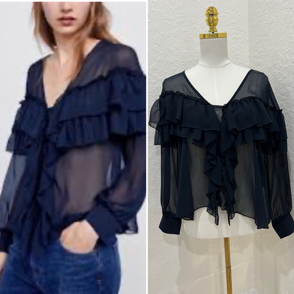 Zara Navy Sheer Ruffle V-Neck Blouse